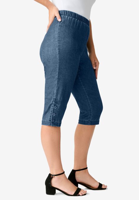 Pull-On Button-Detail Stretch Capri Jean, , alternate image number null