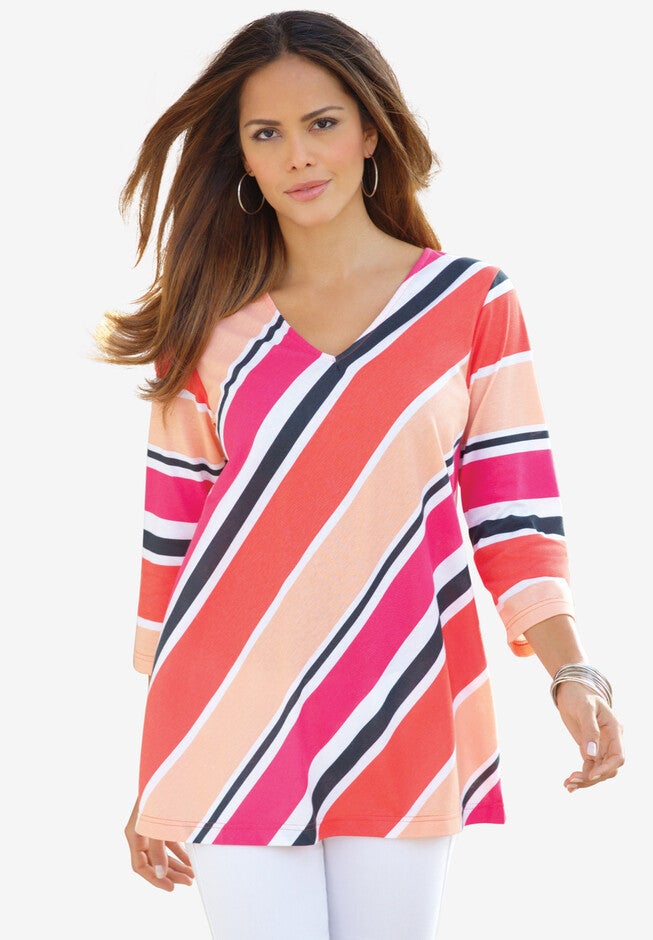 Diagonal Stripe V-Neck Tee, SPICE RED MULTI, hi-res image number 0