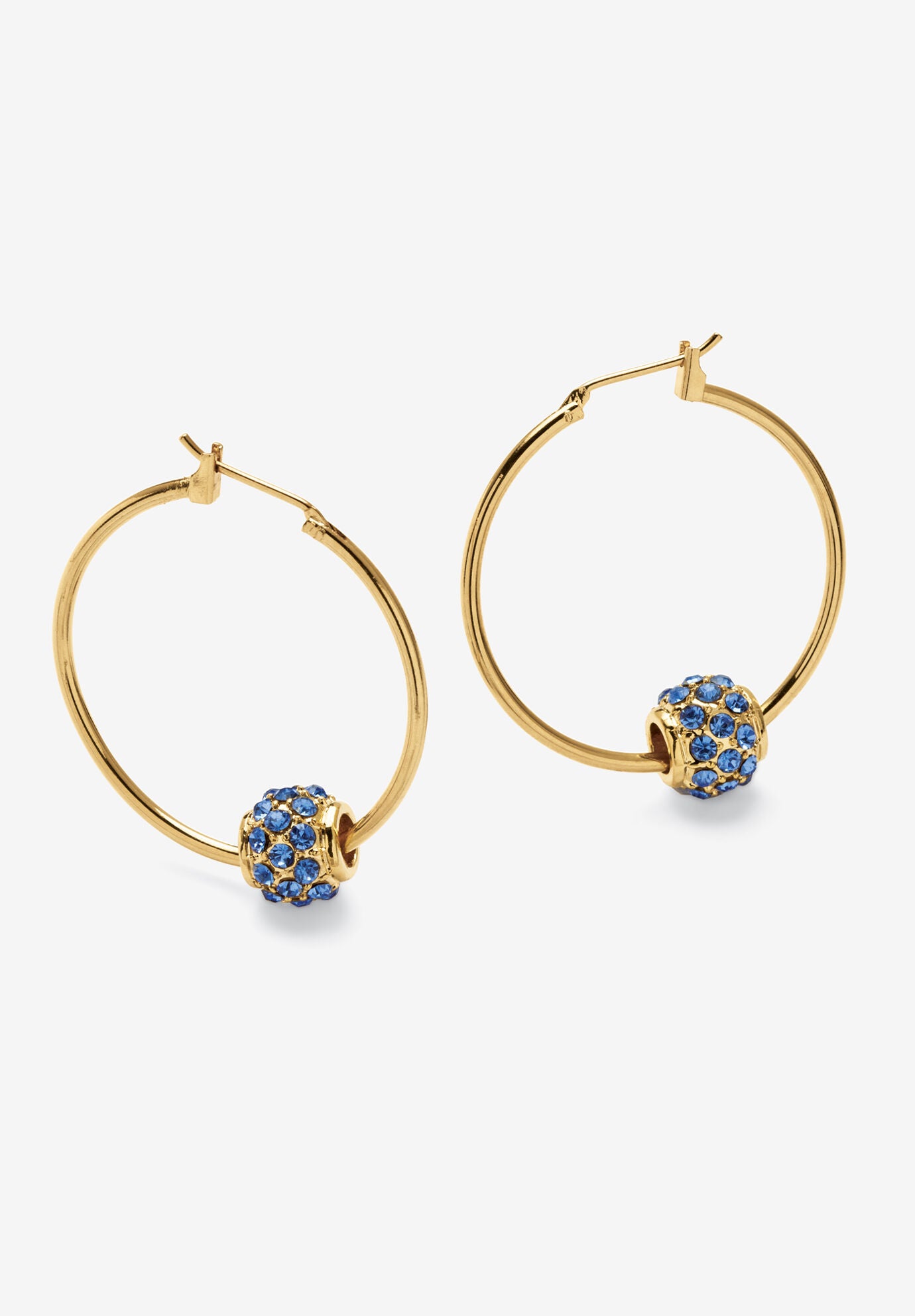 Goldtone Charm Hoop Earrings (32mm) Round Simulated Birthstone, MARCH, hi-res image number 0