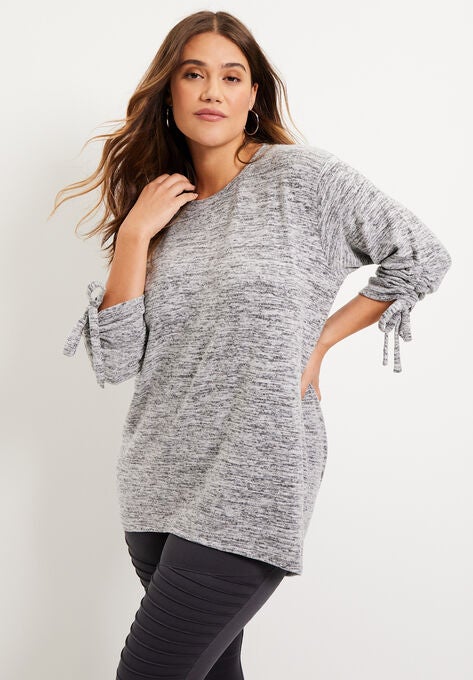 Ruched-Sleeve SuperSoft Knit Top, MEDIUM HEATHER GREY, hi-res image number null