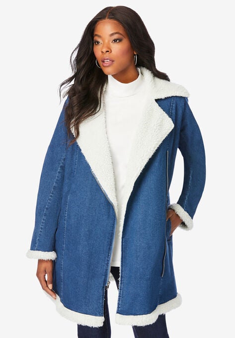 Sherpa-Lined Denim Wrap Jacket, MEDIUM WASH, hi-res image number null