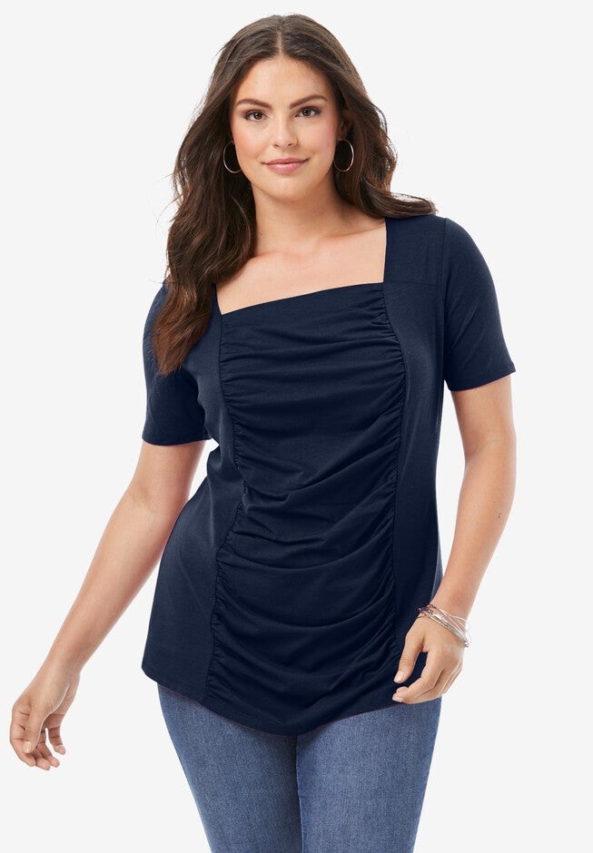 Shirred Square-Neck Runway Tee, NAVY, hi-res image number null