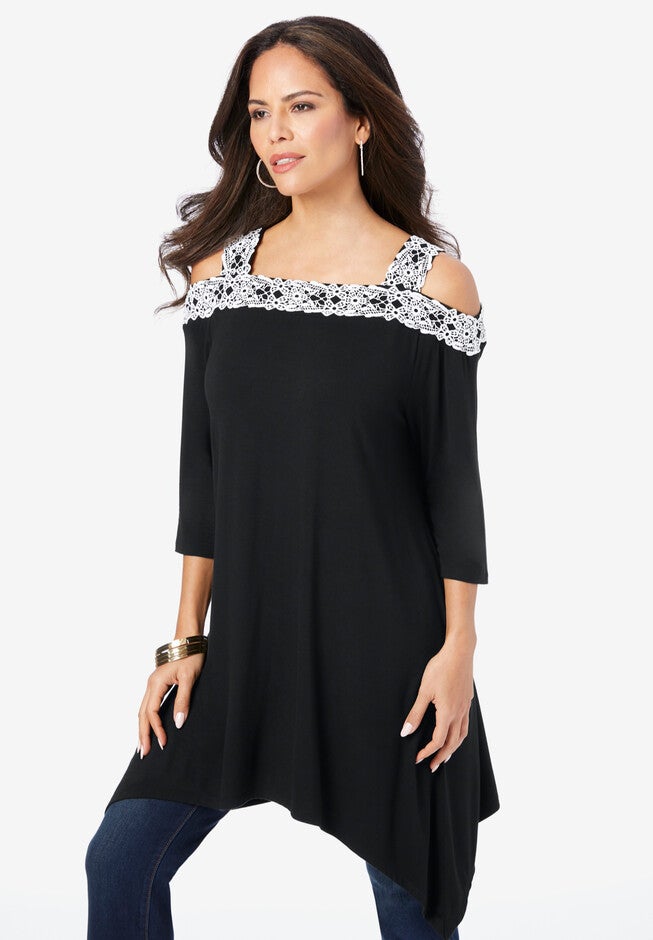 Cold-Shoulder Handkerchief-Hem Ultra Femme Tunic, BLACK, hi-res image number 0