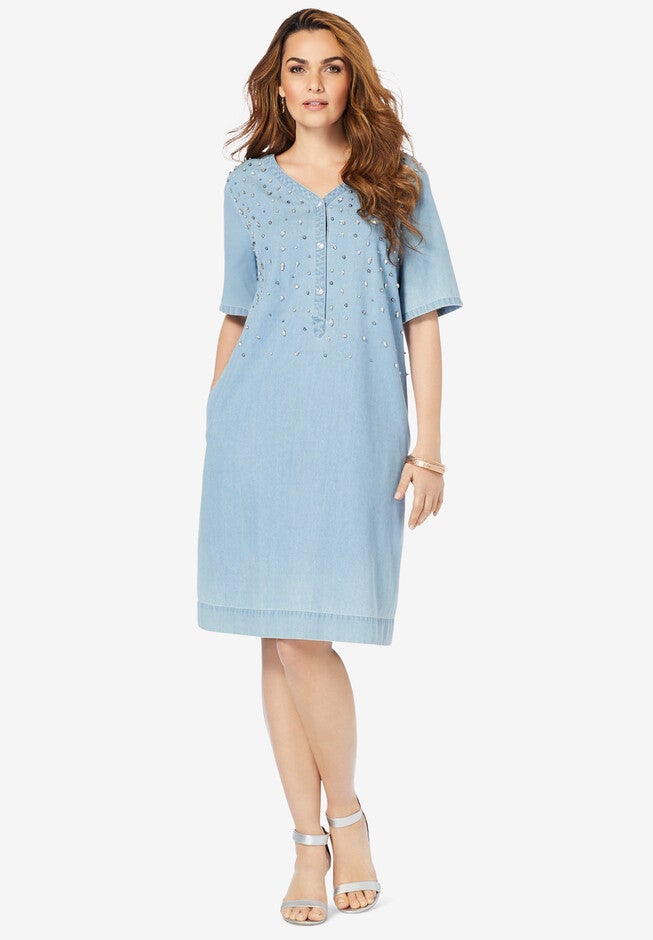 Embellished Denim Shirtdress, LIGHT WASH, hi-res image number 0