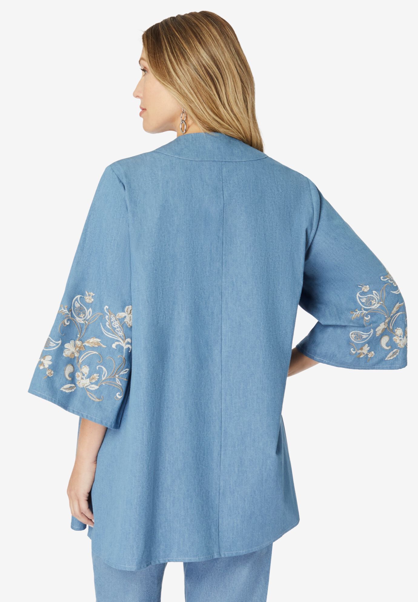 Plus Size Chambray Embroidered Kimono, STONEWASH BUTTERFLY, alternate image number 2