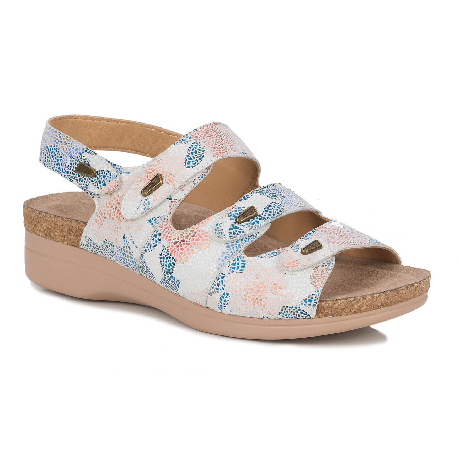 Margo Three Strap Sandal, WHITE BLUE CORAL, hi-res image number 0
