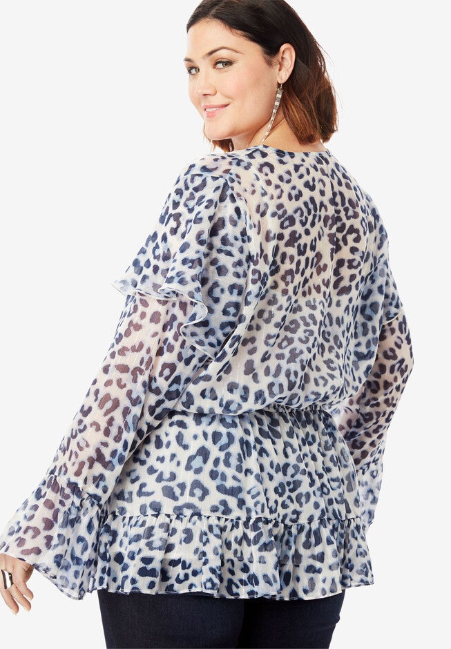 Ruffle Keyhole Tunic with Bell Sleeves, , on-hover image number 1