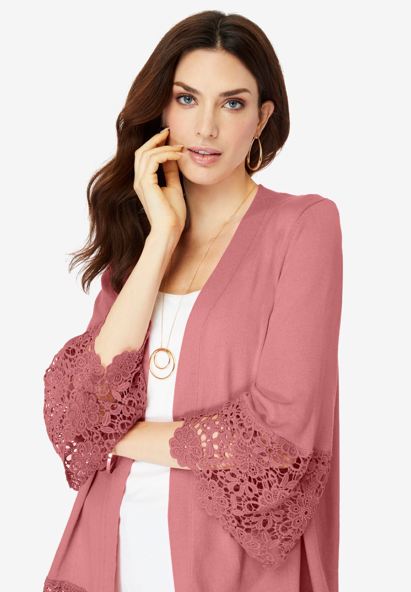 Fine Gauge Lace Trim Cardigan Sweater, , alternate image number 3