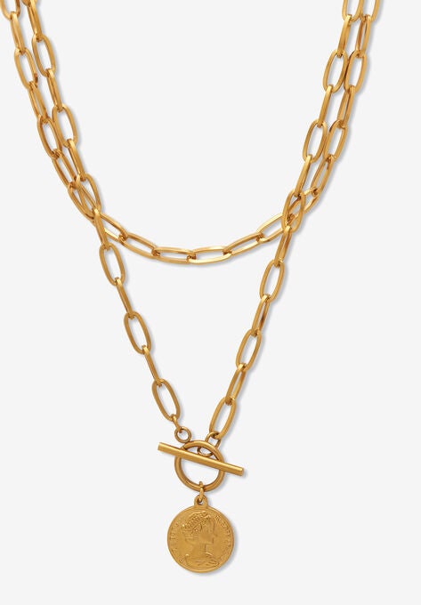 Paperclip Necklace Set Gold Ion-Plated Stainless Steel With Coin Pendant, GOLD, hi-res image number null