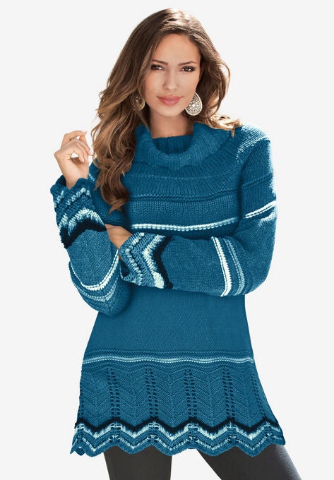 Chevron Border Sweater, DEEP TEAL STRIPE, hi-res image number null