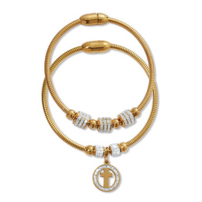 Round Crystal Gold Ion-Plated Stainless Steel Cross Charm Bracelet Set 7-inch, WHITE, on-hover image number null