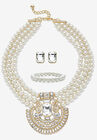 Gold Tone Simulated Pearl Bib 17" Necklace Set with Emerald Cut Crystals, DIAMOND, hi-res image number null