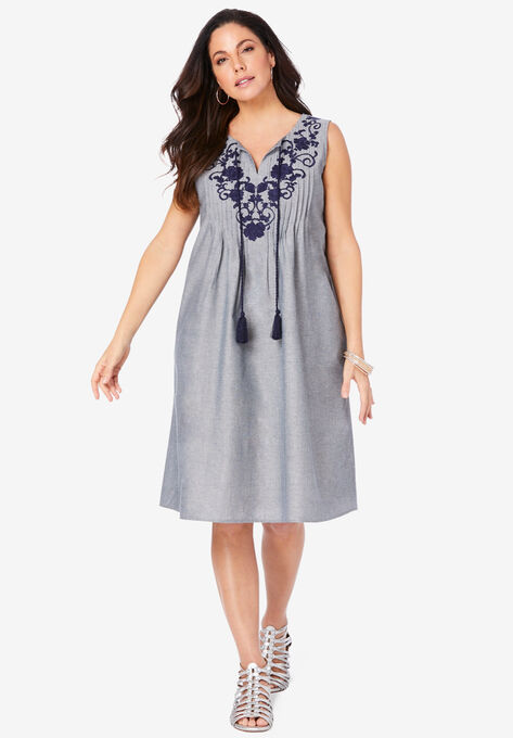 Embroidered Chambray Dress, NAVY VINE EMBROIDERY, hi-res image number null