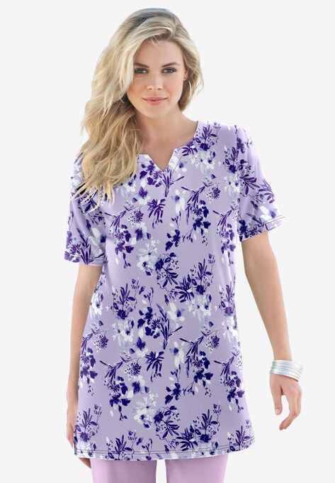 Print Notch-Neck Soft Knit Tunic, PALE LAVENDER PAINTERLY BOUQUET, hi-res image number null