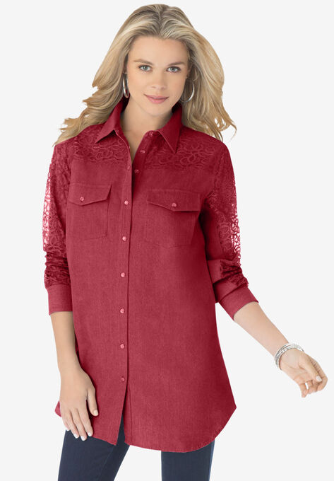 Lace-Sleeve Denim Big Shirt, RICH BURGUNDY, hi-res image number null