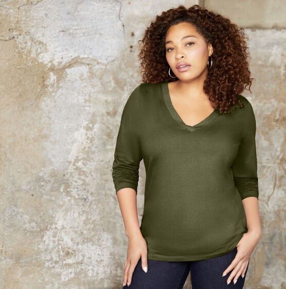 Long-Sleeve V-Neck One + Only Tee, DARK OLIVE GREEN, hi-res image number null