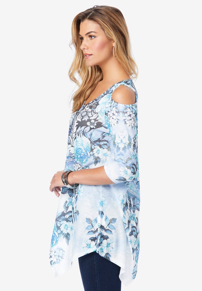 Printed Cold-Shoulder V-Neck Tunic, , alternate image number null