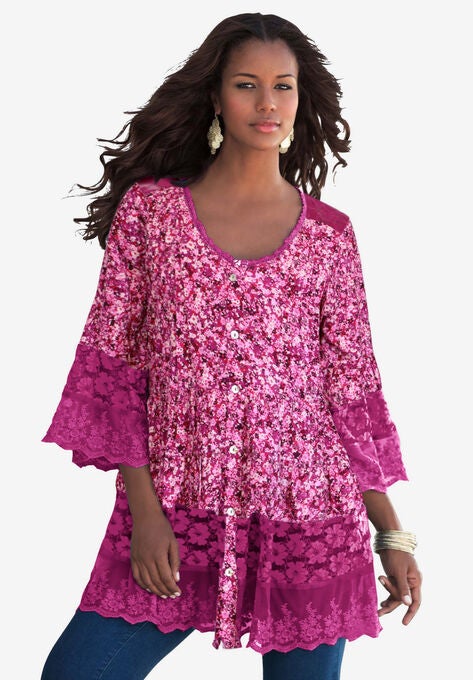 Illusion Lace Big Shirt, DARK BERRY PRINT, hi-res image number null