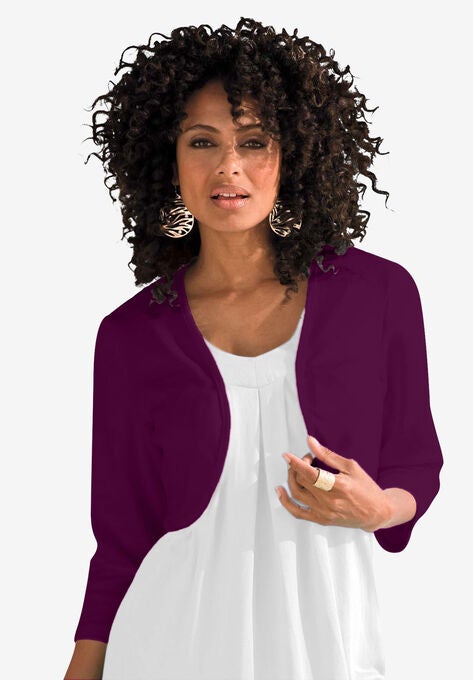 Bolero Cardigan with Three-Quarter Sleeves, DARK BERRY, hi-res image number null