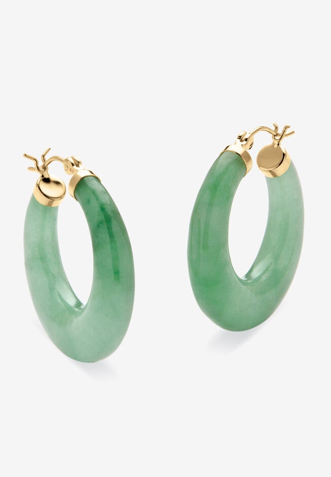Goldtone Over Sterling Silver Genuine Green Jade Hoop Earrings (31Mm) Jewelry, , on-hover image number 1
