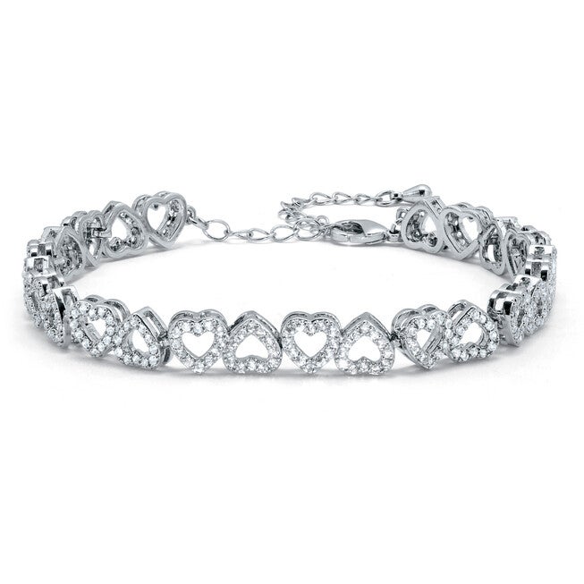 Round Crystal Heart Silvertone Bracelet 7-inch, WHITE, hi-res image number null