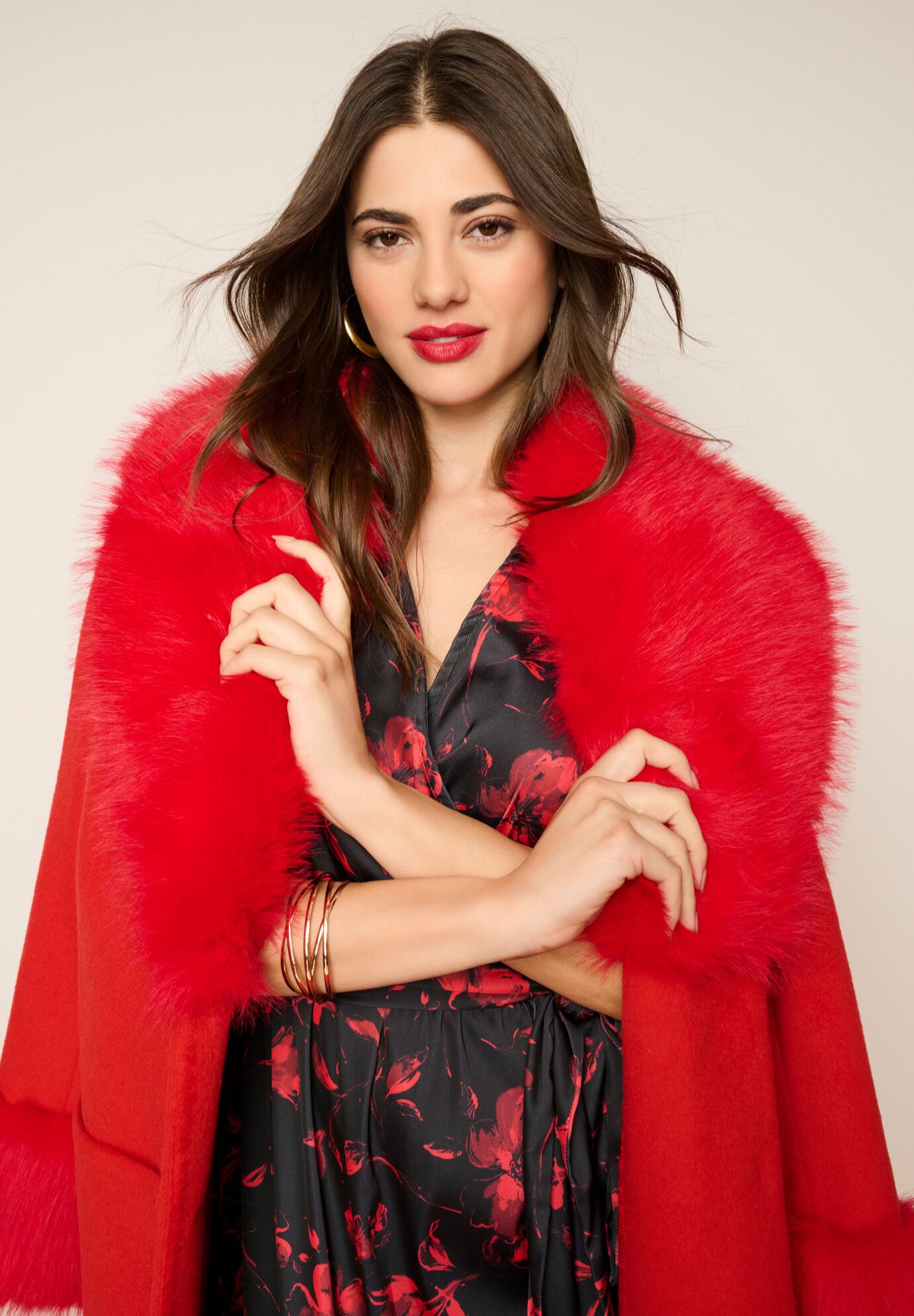 Plus Size Wool Blend Coat with Faux Fur Trim, VIVID RED, alternate image number 2