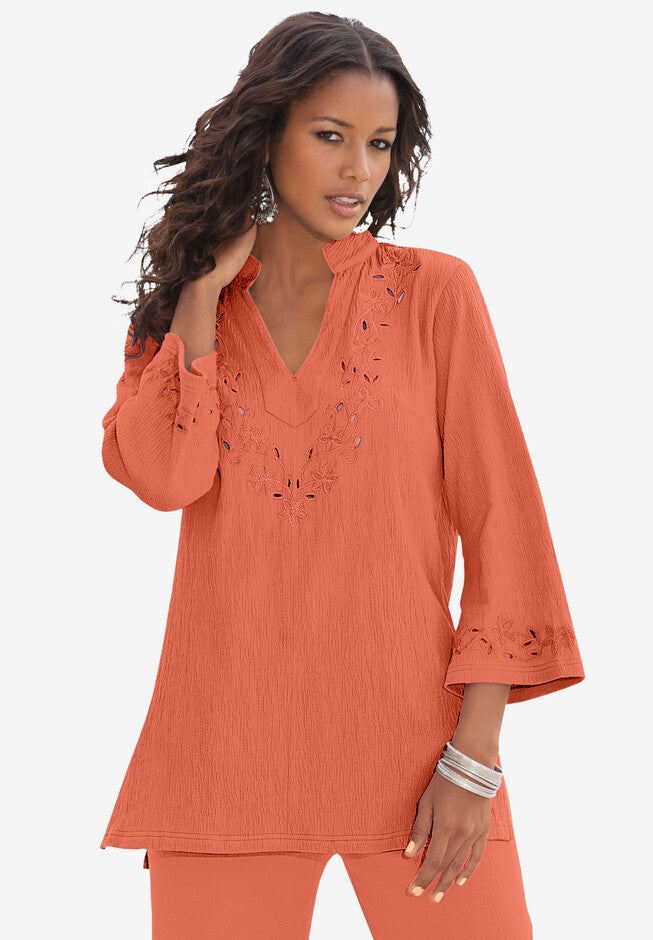 Eyelet Cutout Crinkle-Knit Gauze Tunic, TROPICAL MELON, hi-res image number 0