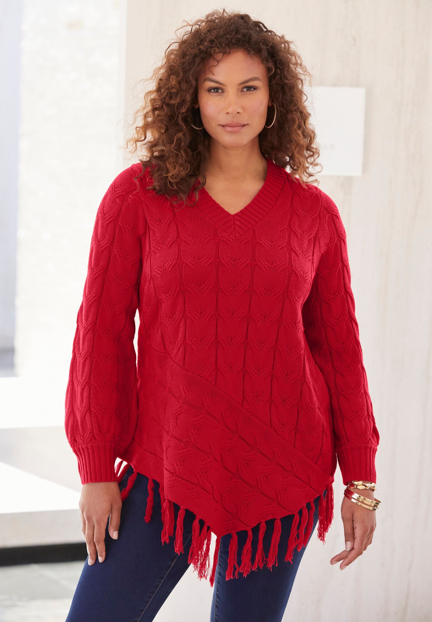 Fringed Cable Knit Sweater, , alternate image number 3