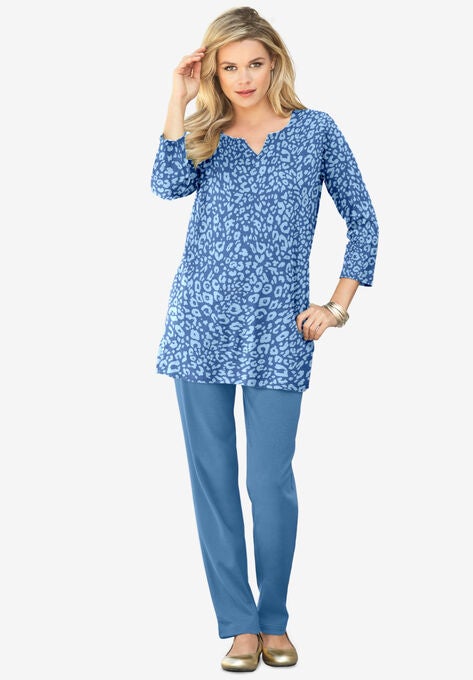 Three-Quarter Notch-Neck Soft Knit Tunic, DUSTY INDIGO ANIMAL SPOTS, hi-res image number null