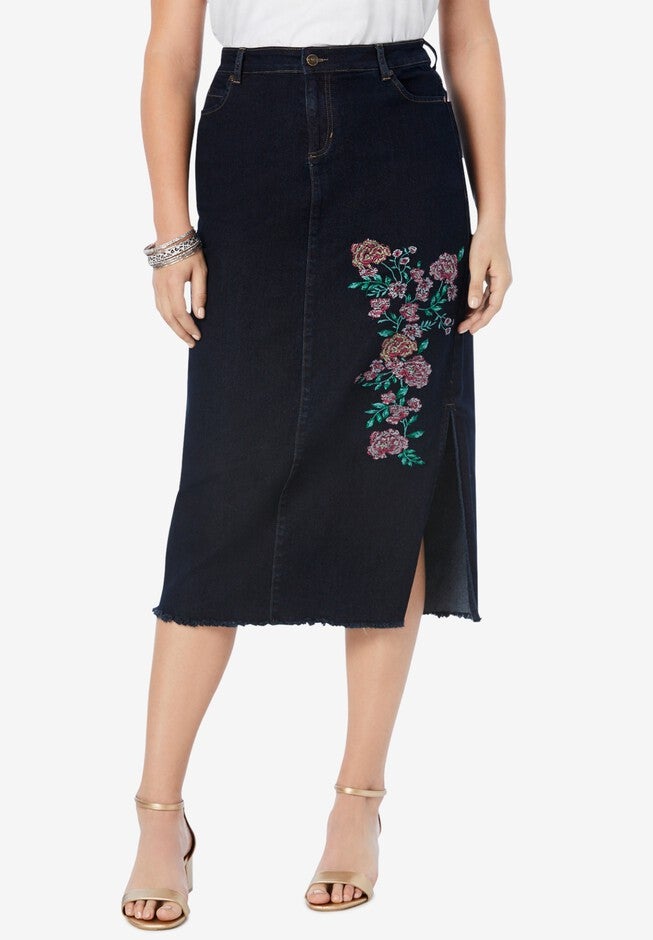 Embroidered Midi-Length Denim Skirt, MULTI EMBROIDERED BOUQUET, hi-res image number 0