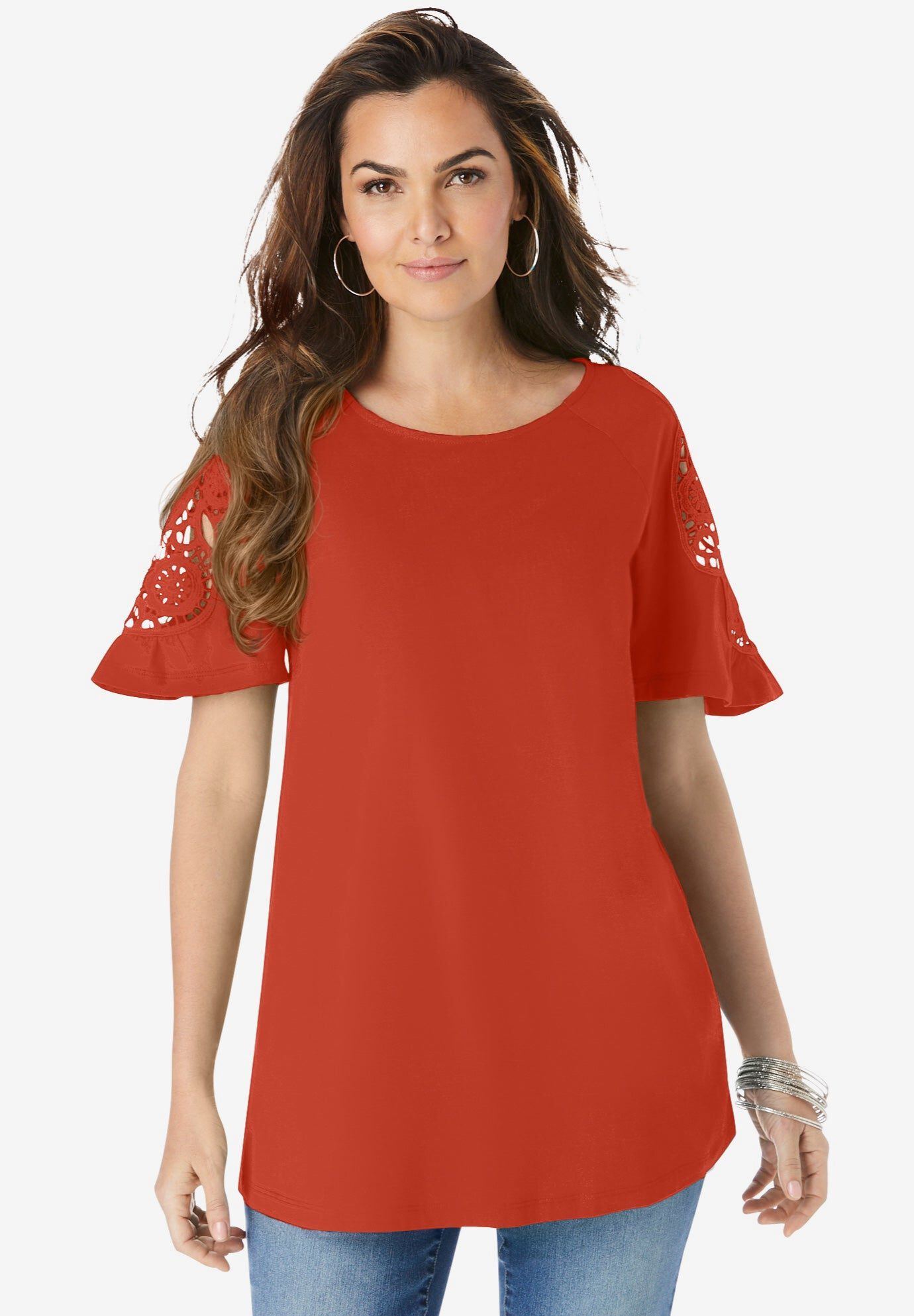 Lace-Sleeve Tee, COPPER RED, hi-res image number 0