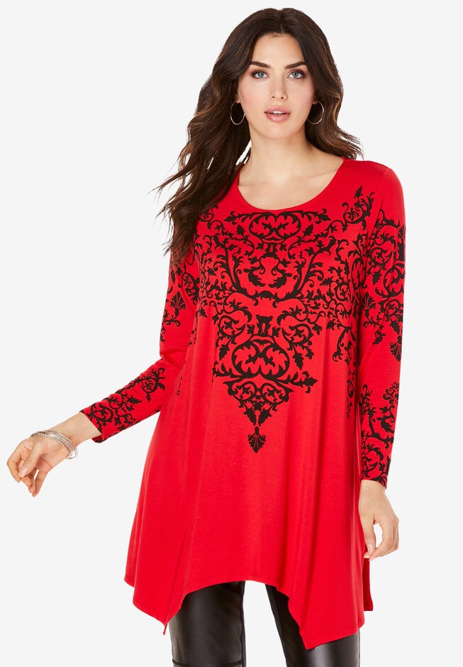 Printed Handkerchief-Hem Ultra Femme Tunic, RED DAMASK, hi-res image number null
