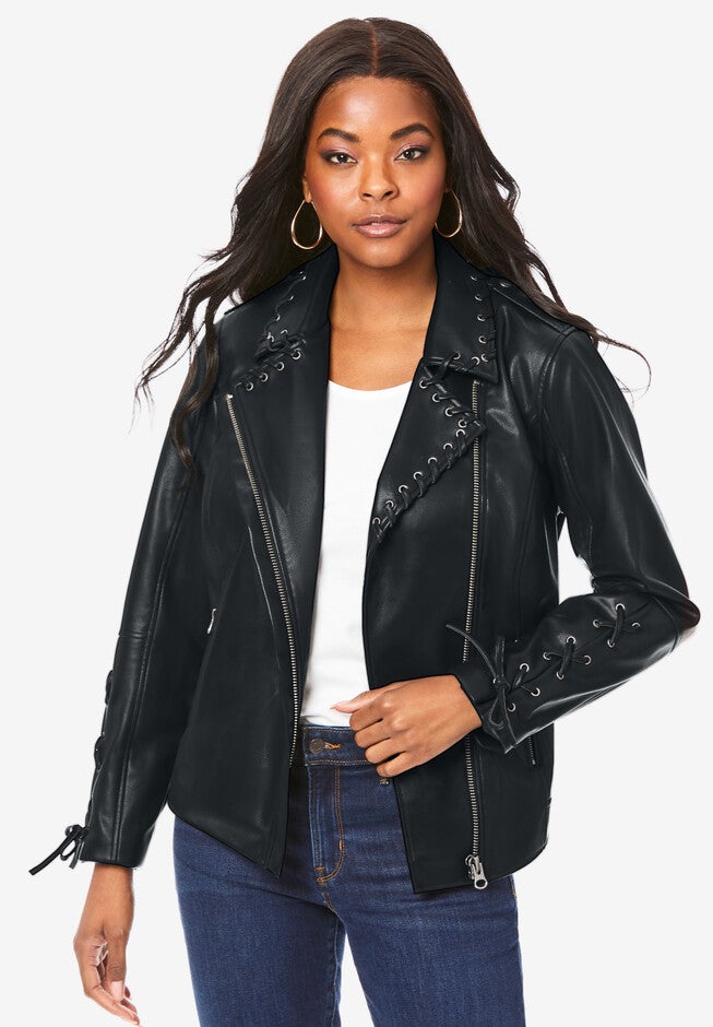 Faux Leather Moto Jacket, BLACK, hi-res image number 0