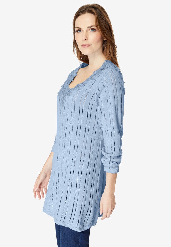 Lace Trim Pointelle Sweater, , alternate image number 2