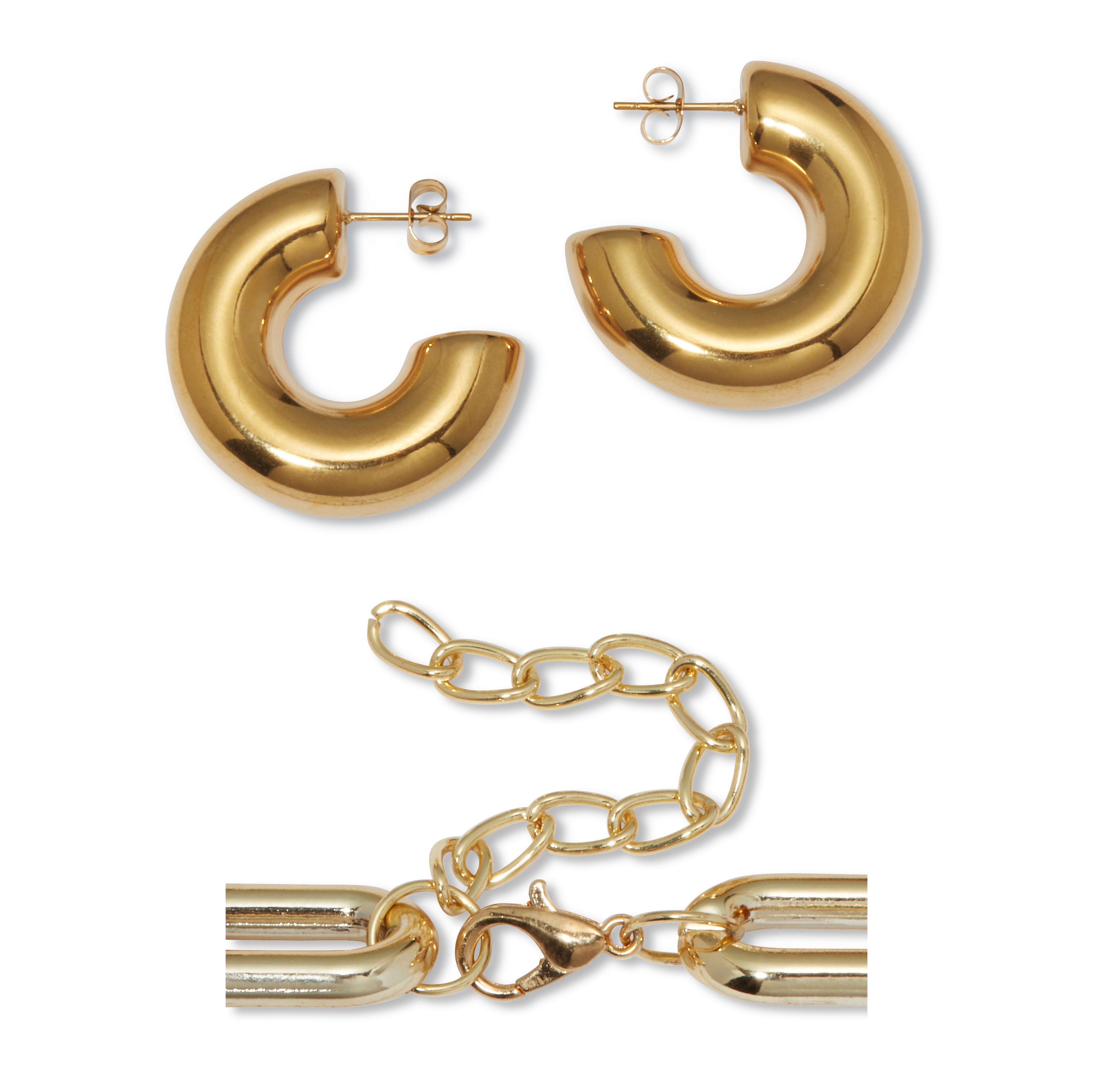 Acrylic Link Necklace Black and Gold Ion-Plated Stainless Steel Earrings Set, GOLD TORTOISESHELL, on-hover image number 1