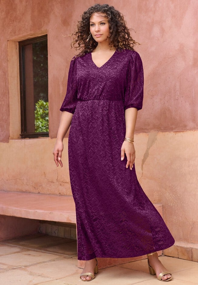 Blouson-Sleeve Lace Maxi Dress, , alternate image number 3