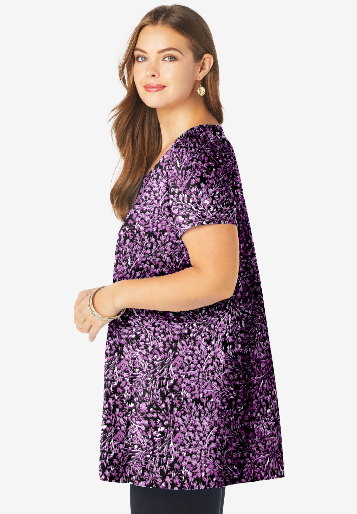 Plus Size Cotton Ultimate Scoopneck Swing Tunic, MAGENTA SWIRLY LEAVES, alternate image number 3