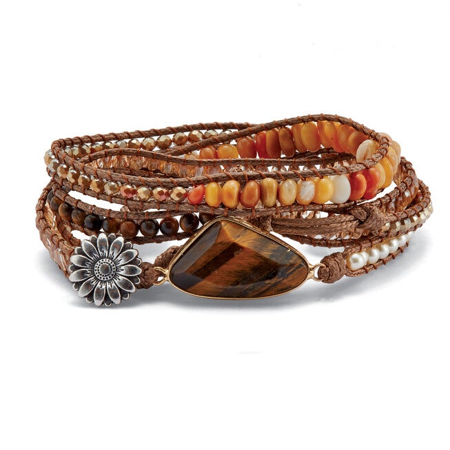 Genuine Brown Tiger's Eye Goldtone Wrap Bracelet 36-inch adjustable, BROWN, alternate image number null