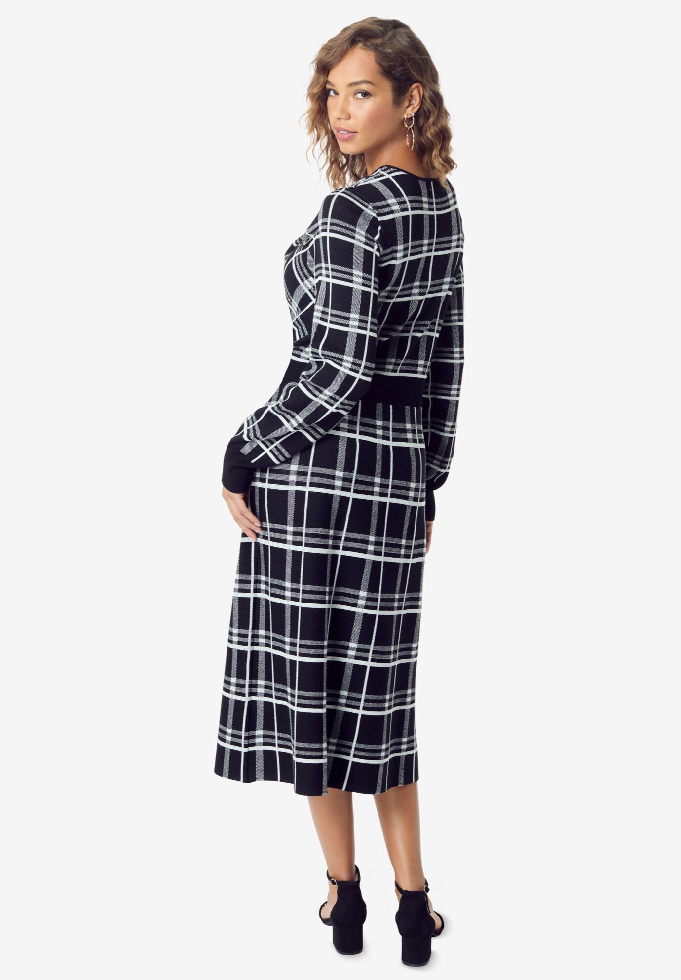 Tartan Fit-And-Flare Sweater Dress, BLACK WHITE, on-hover image number 1
