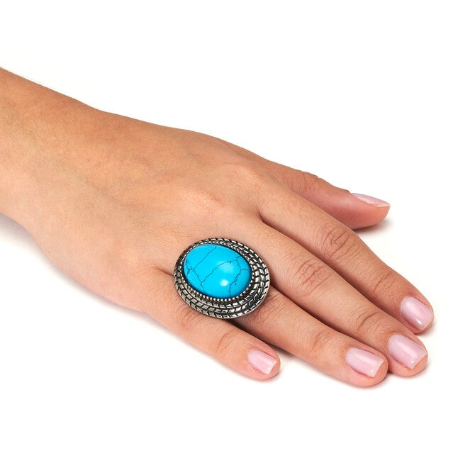 Stainless Steel Turquoise Boho Cocktail Ring, BLUE, alternate image number 2