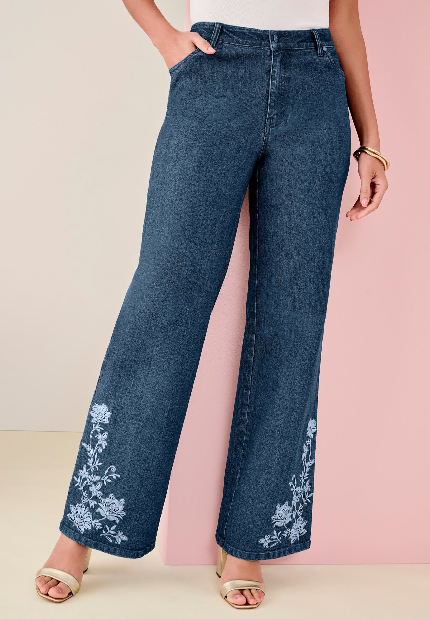 Embellished Wide-Leg Jeans, MEDIUM STONEWASH FLORAL EMBROIDERY, hi-res image number 0