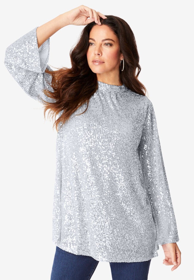 Sequin Mock Neck Blouse, SILVER SHIMMER, hi-res image number null