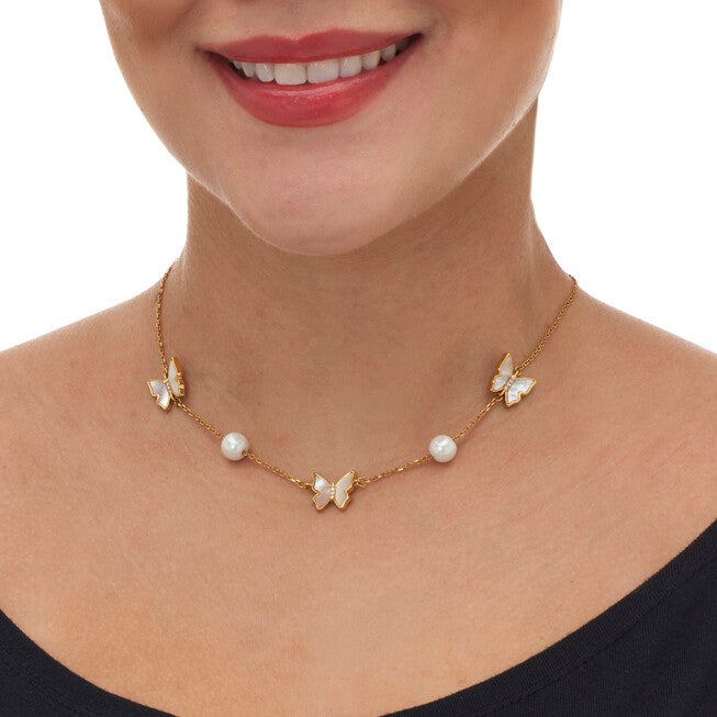 Mother of Pearl Gold Ion-Plated Stainless Steel Butterfly Necklace 18-inch, WHITE, alternate image number null
