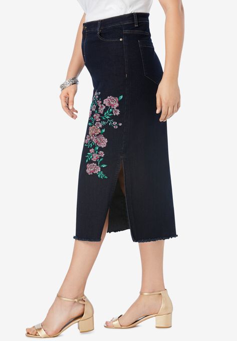Embroidered Midi-Length Denim Skirt, , alternate image number null
