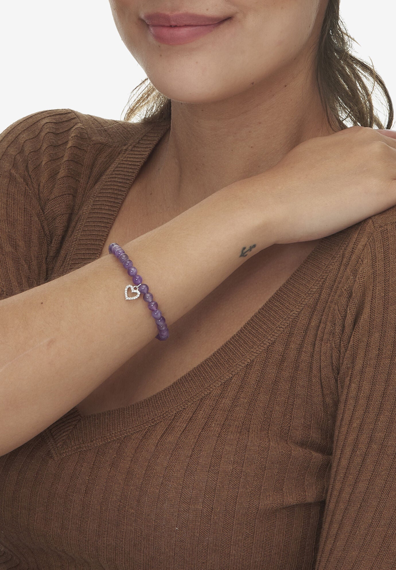 Genuine Purple Amethyst Silvertone Heart Charm Bangle, 7.5 Inches, , alternate image number 2