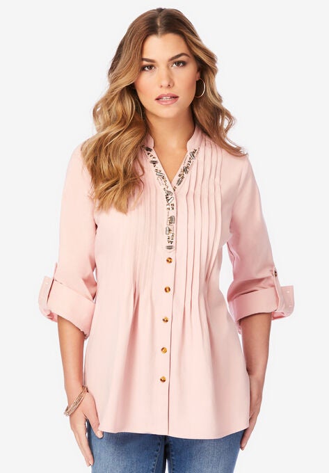 Jeweled Y-Neck Big Shirt, SOFT BLUSH, hi-res image number null