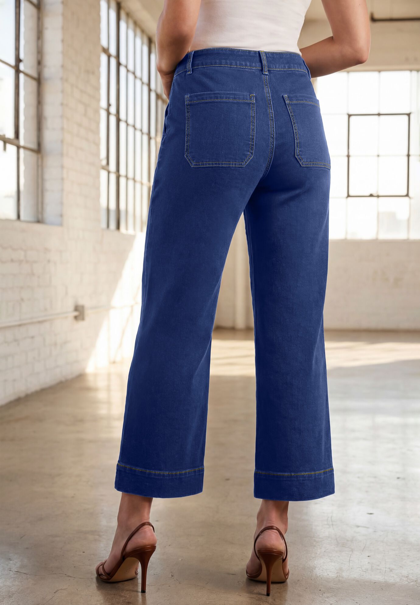 Utility Flare Ankle Pants with Button Fly Waistband, MEDIUM WASH, alternate image number 2