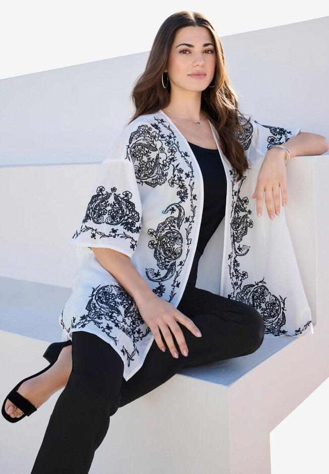 Embroidered Kimono Jacket, IVORY SCROLL PAISLEY, hi-res image number 0