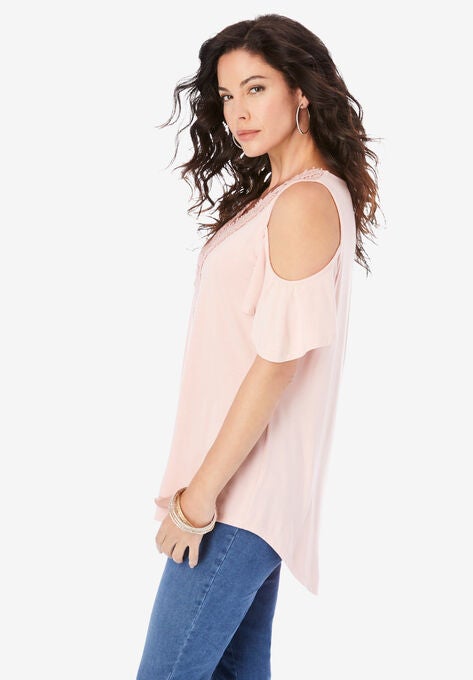 Lace-Trim Cold-Shoulder Tee, , alternate image number null