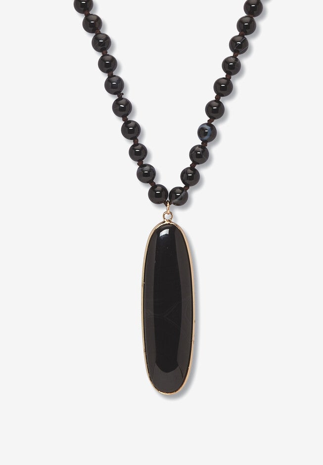 Genuine Black Agate Goldtone Bezel Set Oval Cabochon Beaded Necklace 34 Inch, BLACK, hi-res image number 0